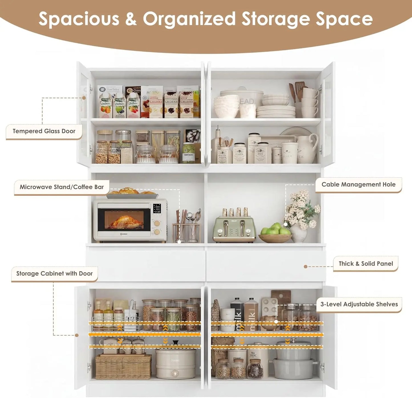 Solid Wood Kitchen Pantry Cabinet With Glass Doors And Drawers