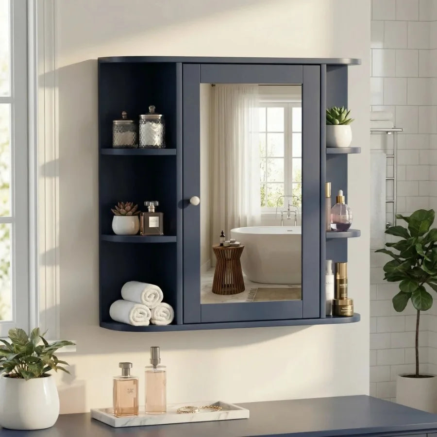 Bathroom Wall Storage Cabinet With Mirror And Adjustable Wood Shelf