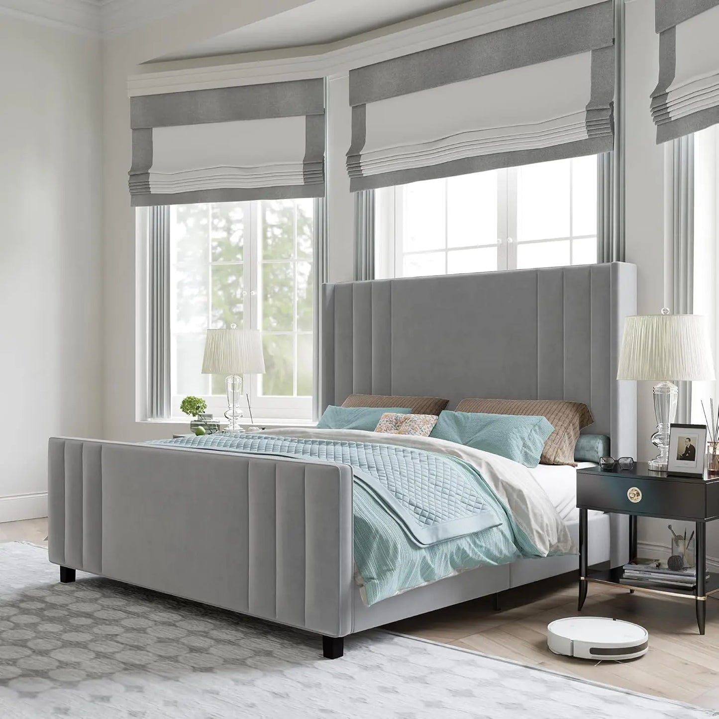 Velvet Upholstered Platform Bed Frame With Tufted Headboard