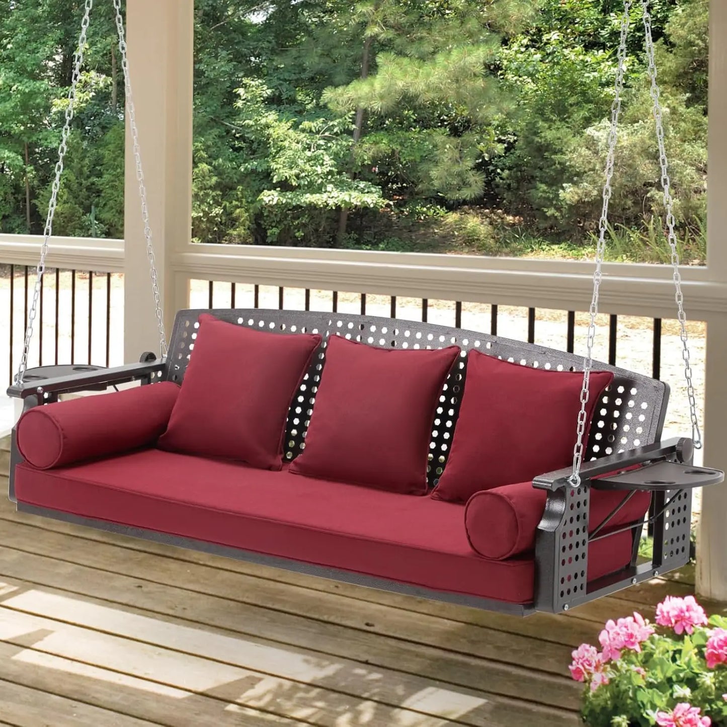 Three Seat Outdoor Porch Swing With Cup Holders And Cushions