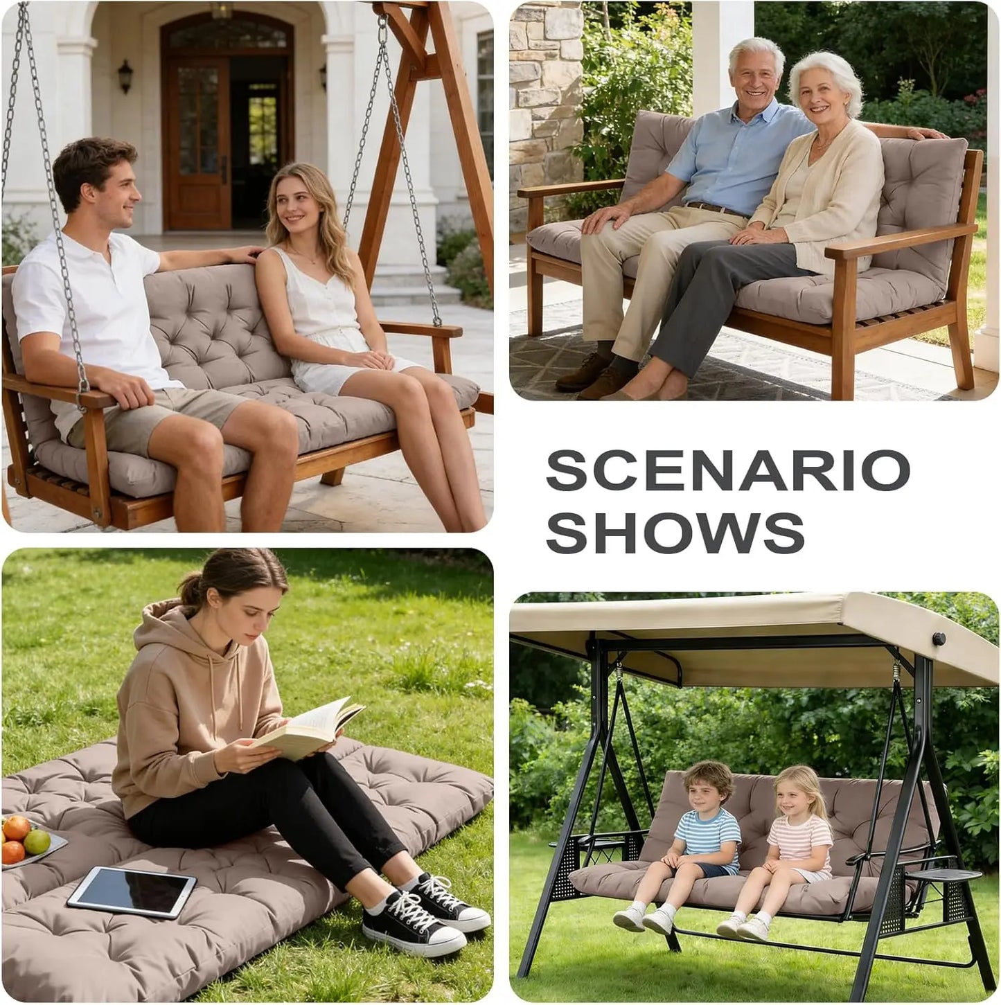 Waterproof Outdoor Swing Cushions With Backrest And Ties For Three