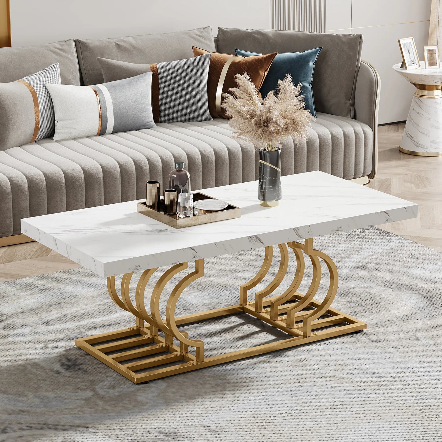Tribesigns Rectangular Coffee Table Modern Two Tier Faux Marble Wood