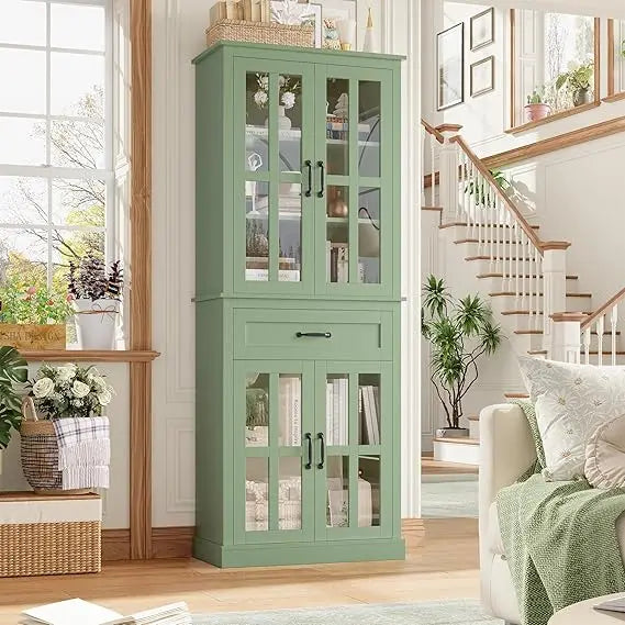 Tall Kitchen Cabinet With Glass Doors And Drawer Storage