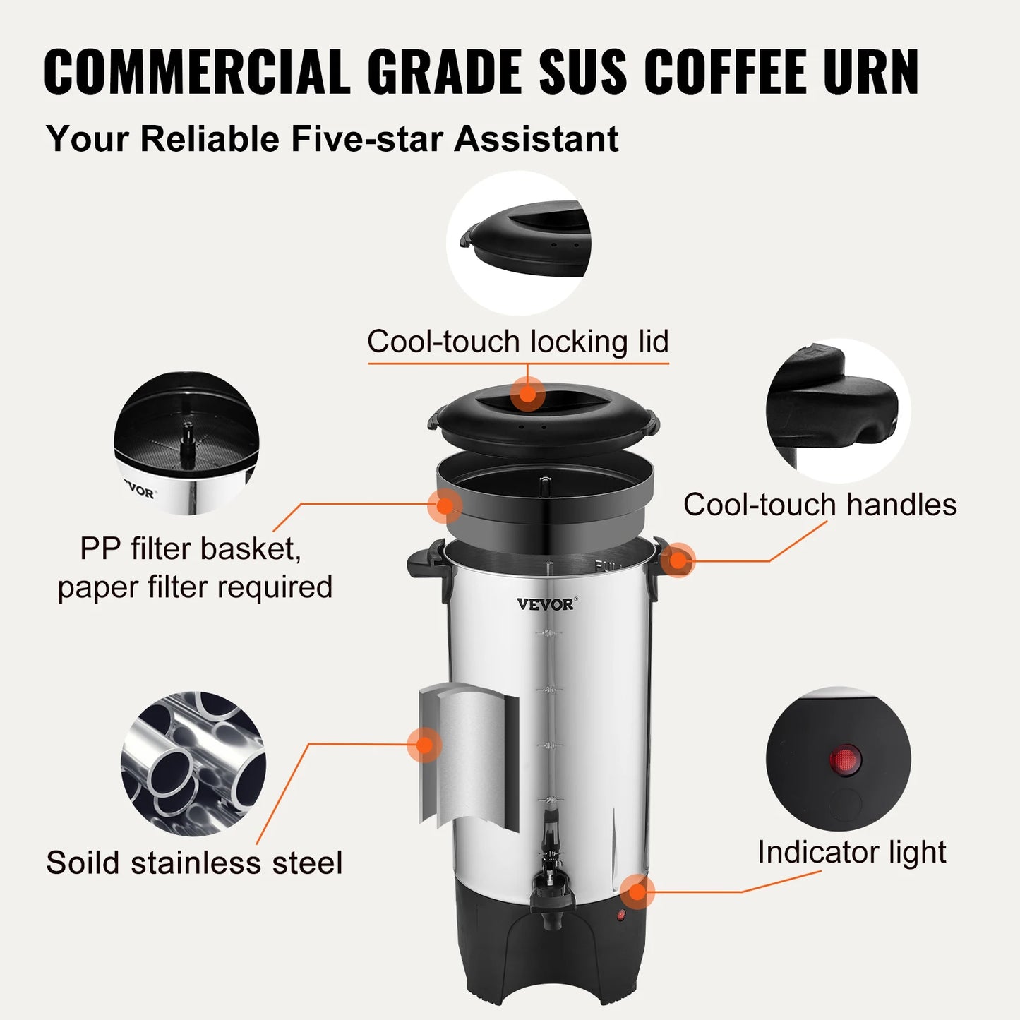 SucceBuy 50 Cup Commercial Coffee Urn Stainless Steel 1000W