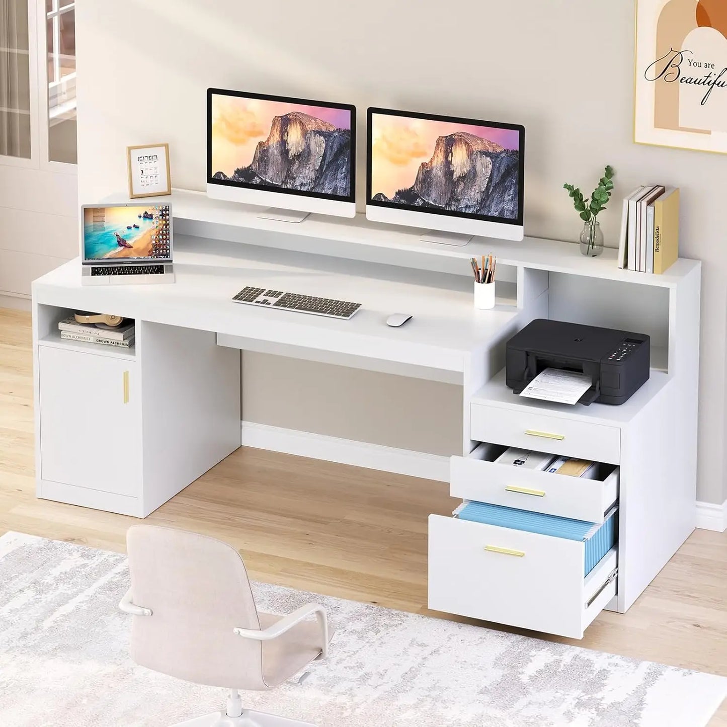 NONEDesk Executive Computer Desk With File Drawer And Cabinet