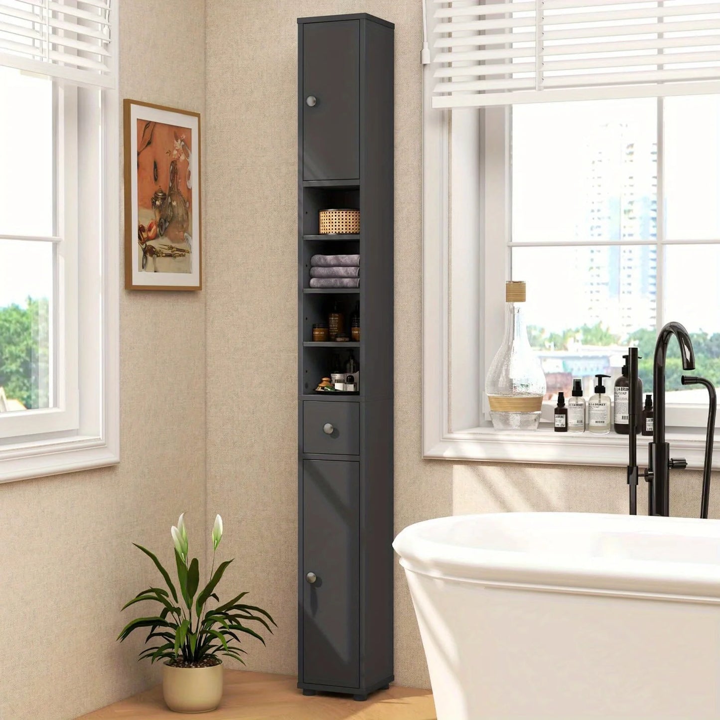 Slim Bathroom Tall Cabinet Freestanding Storage Organizer With 2 Doors