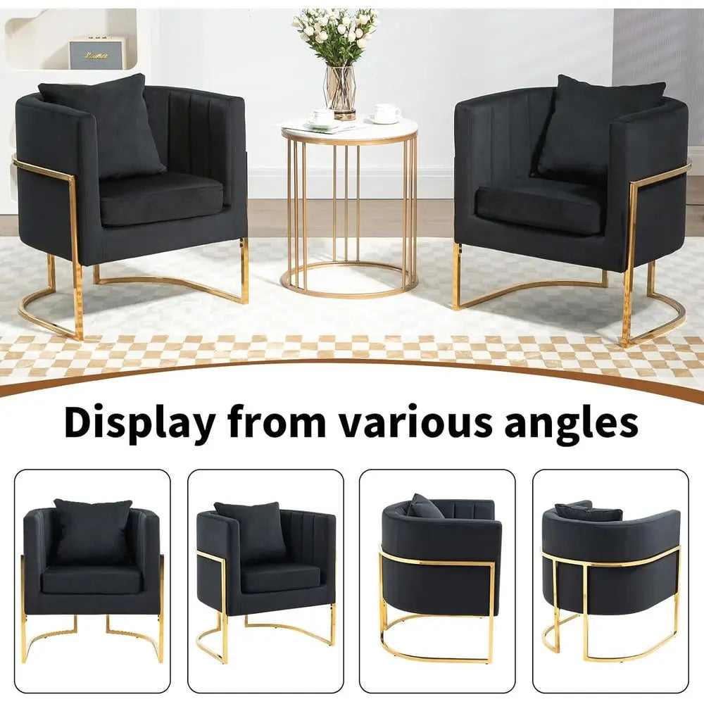 Mid Century Inspired Velvet Barrel Chairs Pair With Gold Legs