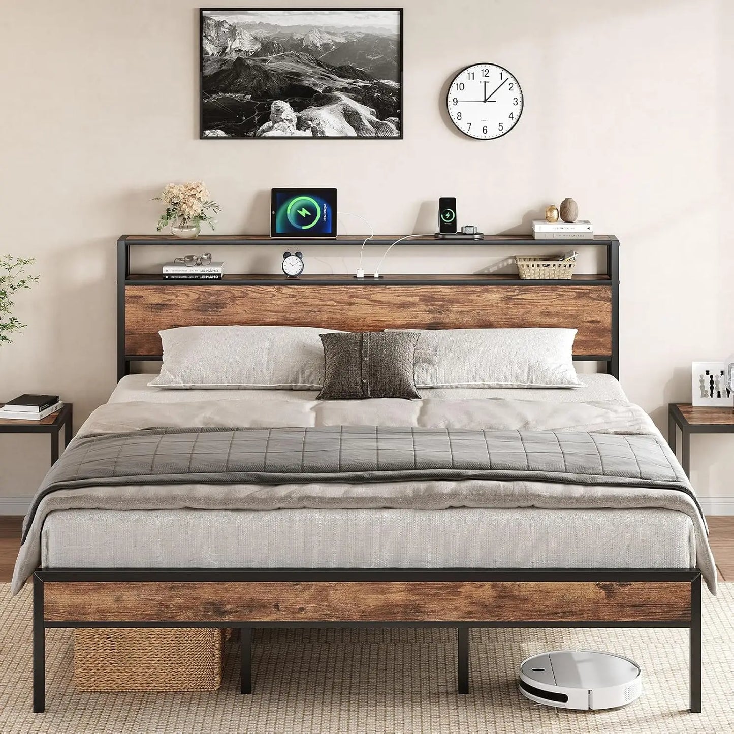 Bed Frame With USB Charging Station And Storage Headboard
