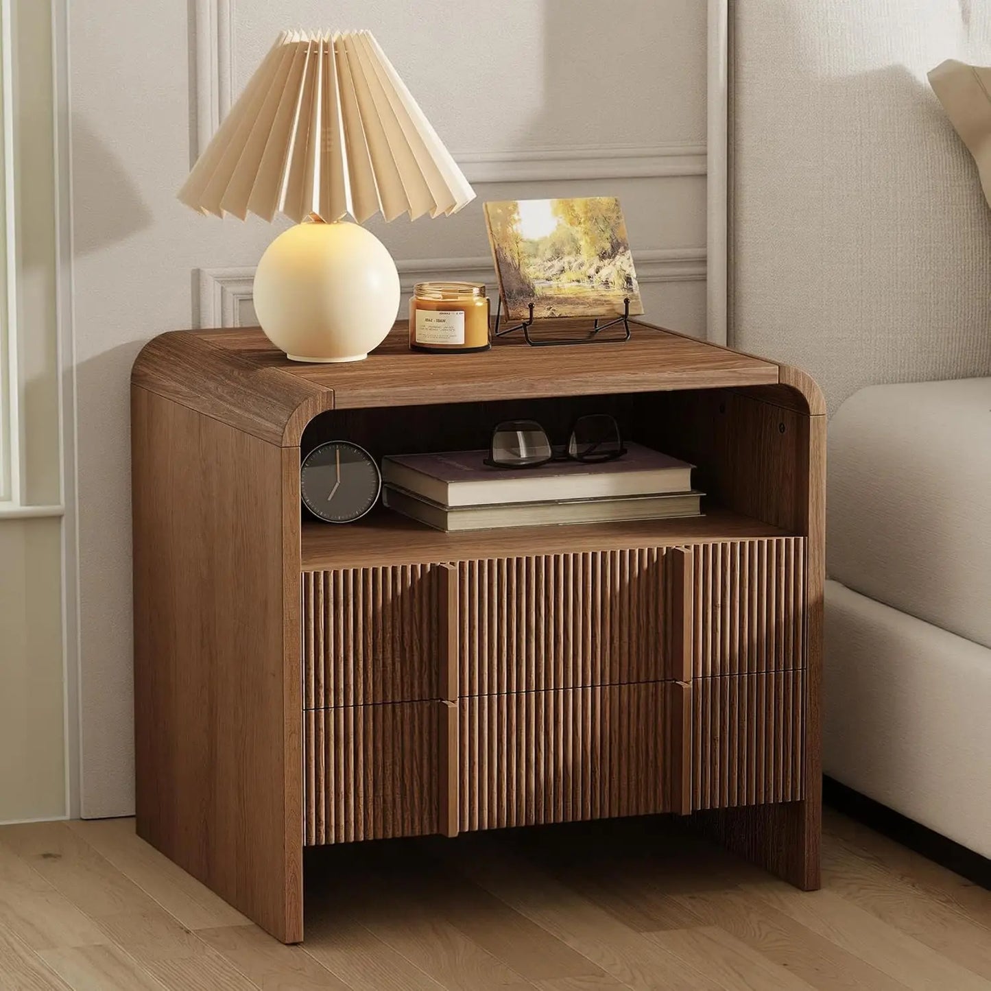 Fluted Front Nightstand With Storage Drawers And Open Shelf