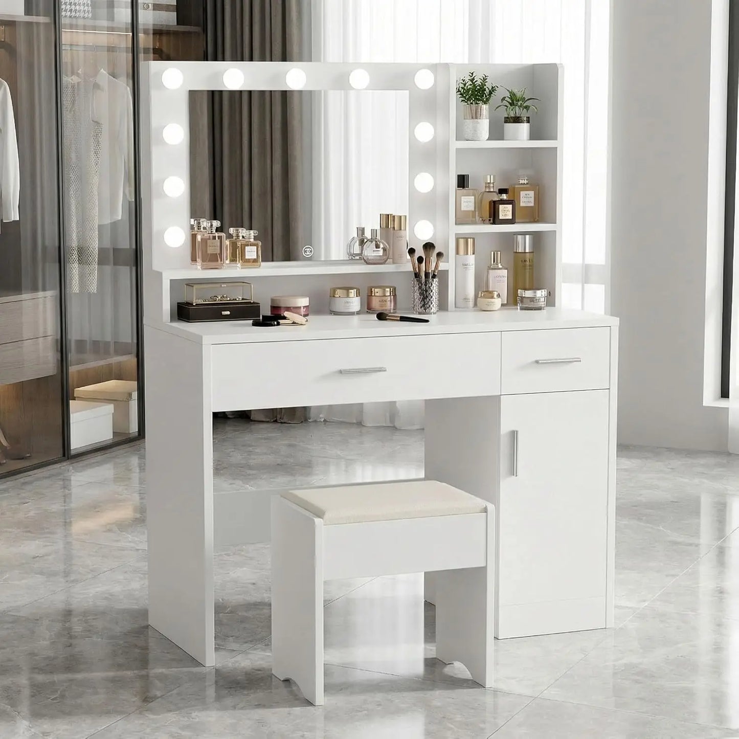Modern Lighted Vanity Table With Mirror And 3 Drawers And Shelves
