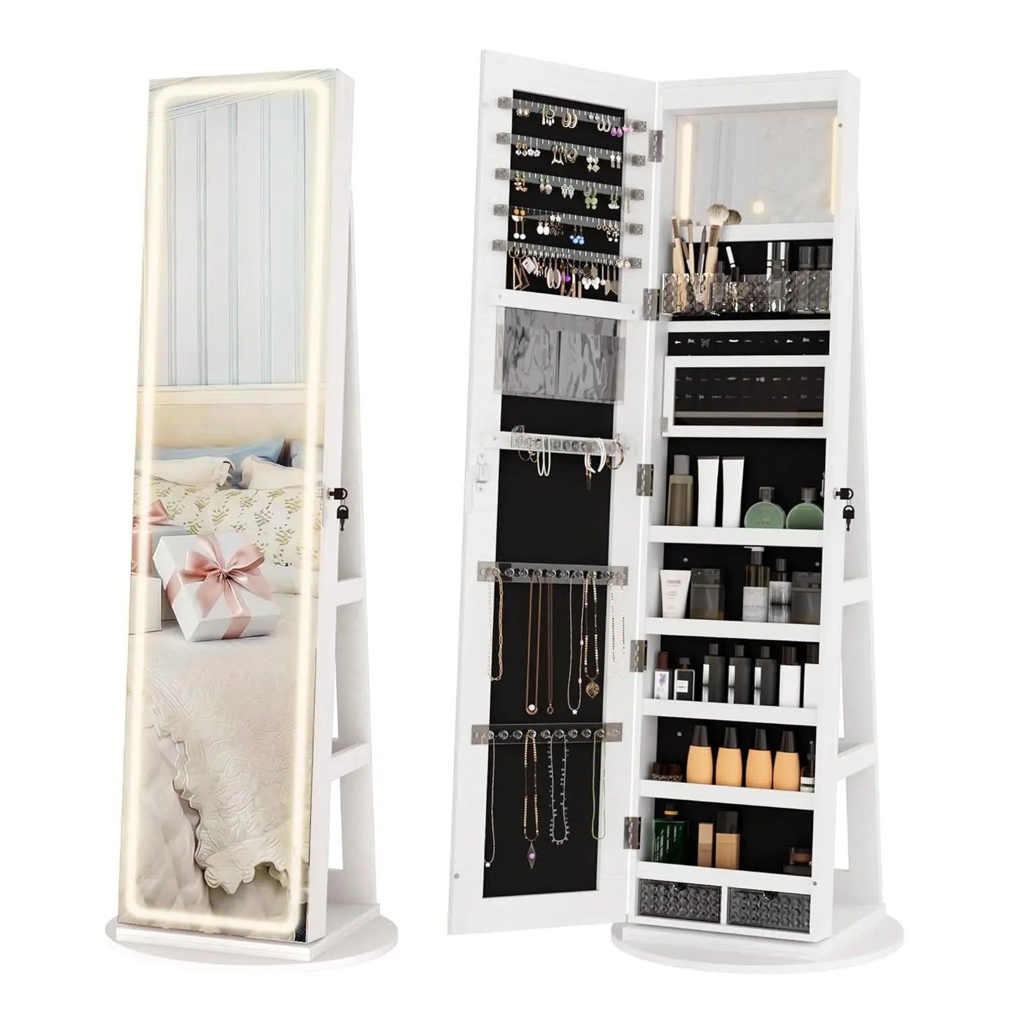 MOYU LED Mirror Jewelry Armoire Swivel Cabinet With Interior Lights