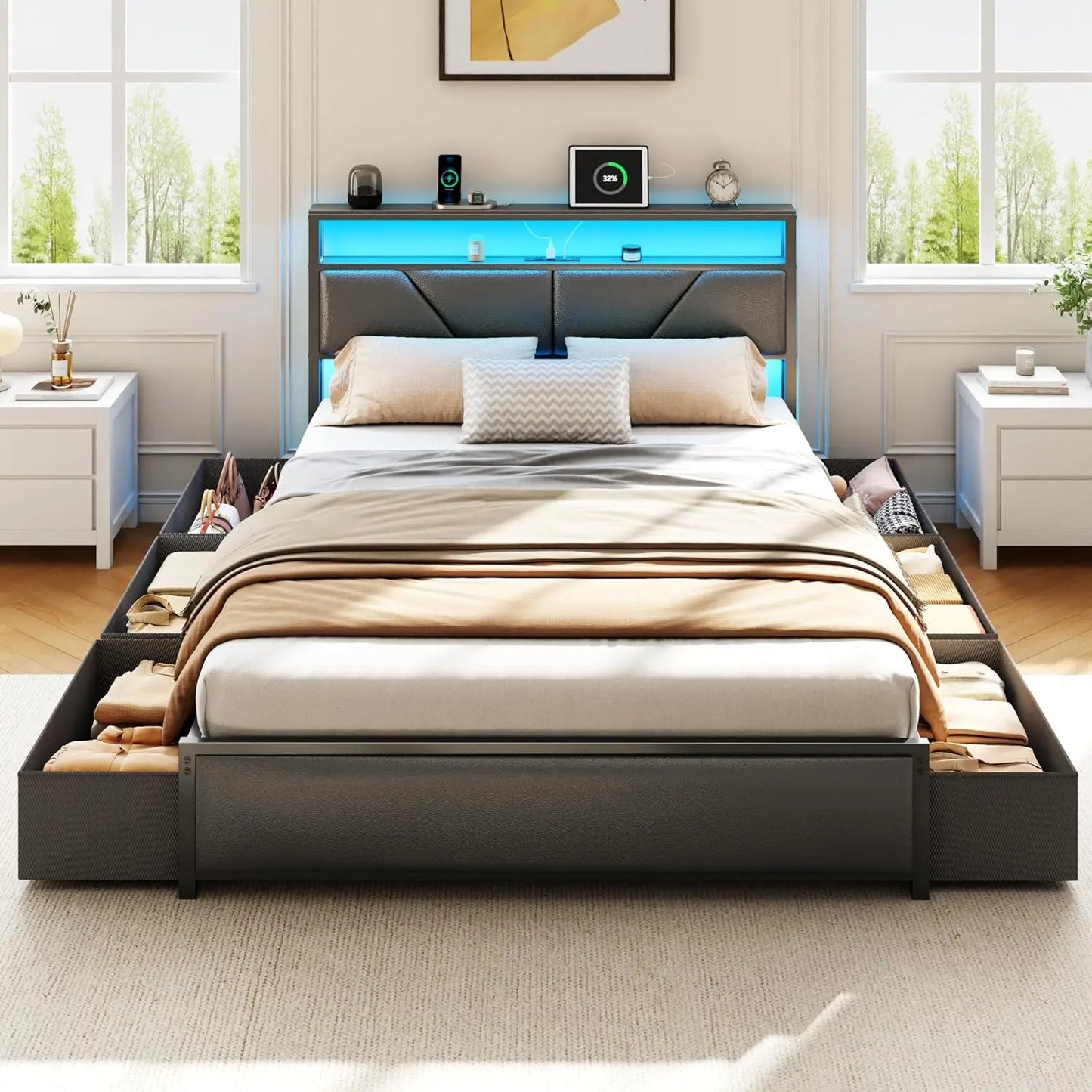 Queen Bed Frame With 2 Tier Storage Headboard And Drawers