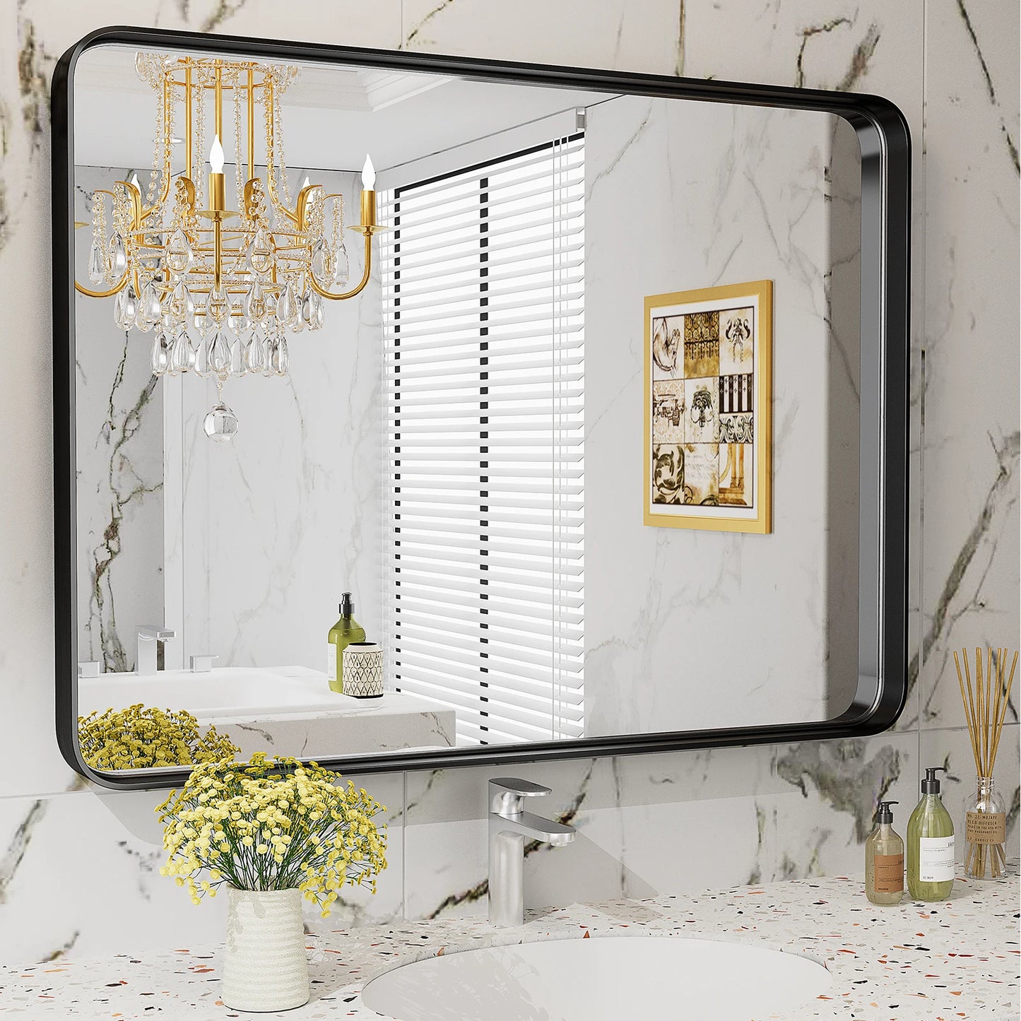 JHK 24x36 Inch Matte Metal Framed Bathroom Wall Mirror Vanity Rectangle Rounded Corner Tempered Glass Mirror Clear Reflection