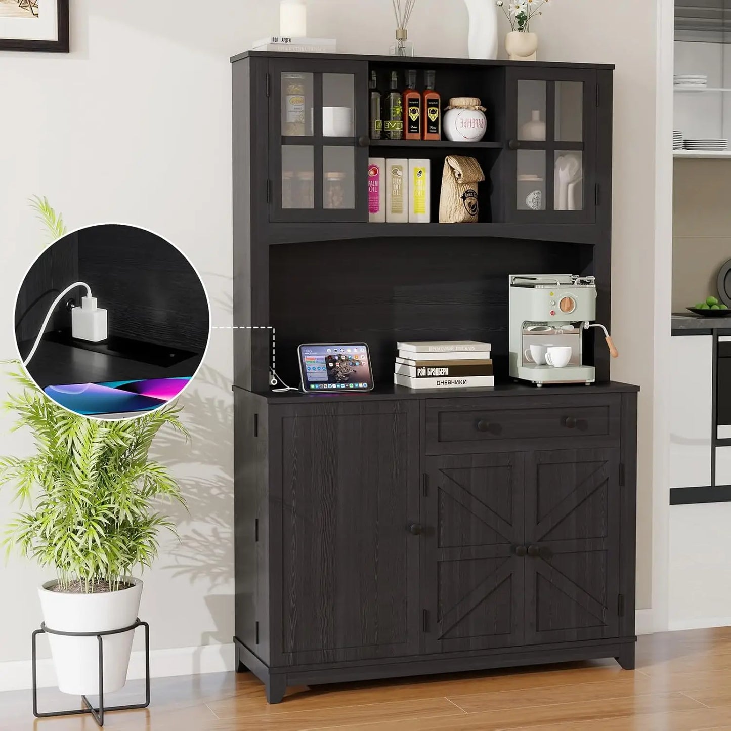 MOYU Kitchen Hutch With LED Lights And Power Outlet Cabinet