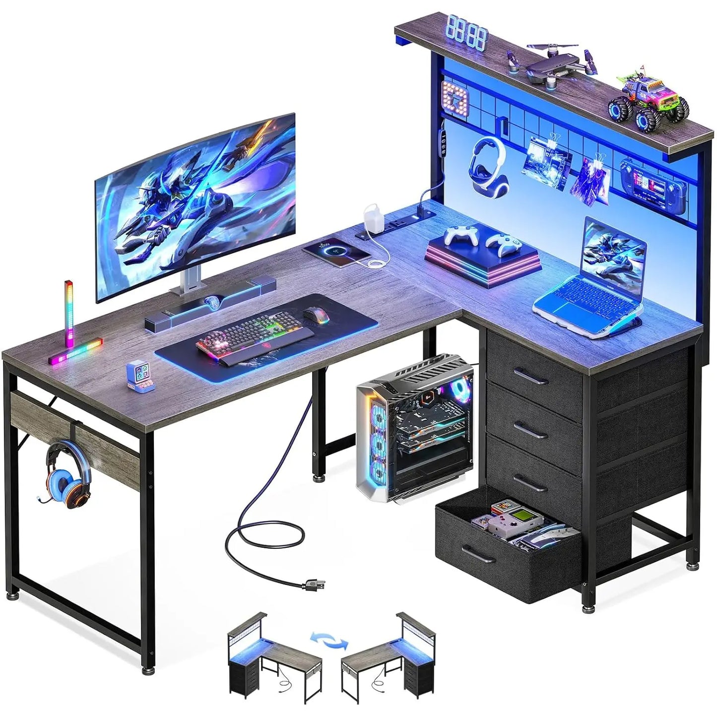 NONEDesk L Shaped Gaming Desk With Shelf Hutch 4 Drawers