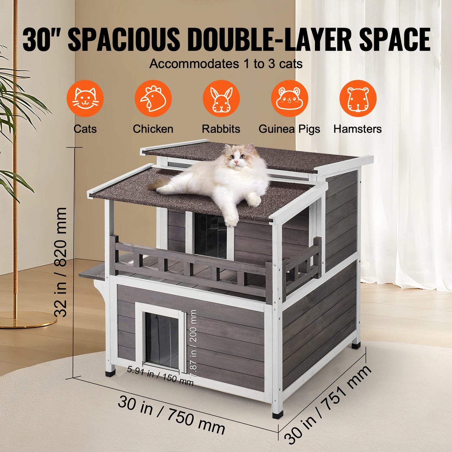 SucceBuy Outdoor Cat House Weatherproof Double Story Wooden Shelter