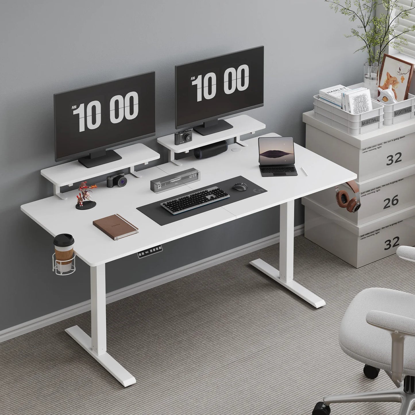 ONBRILL Standing Desk Electric Height Adjustable With Monitor Shelves