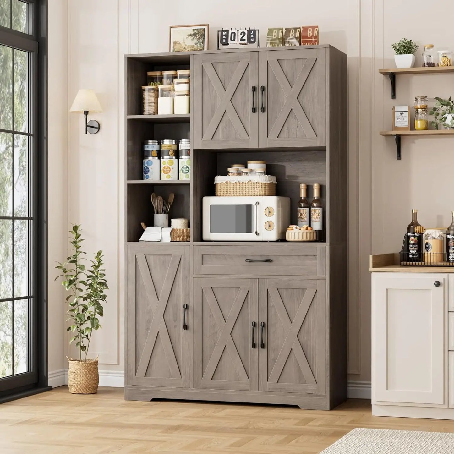 Farmhouse Pantry Cabinet With Barn Doors Microwave Stand Kitchen