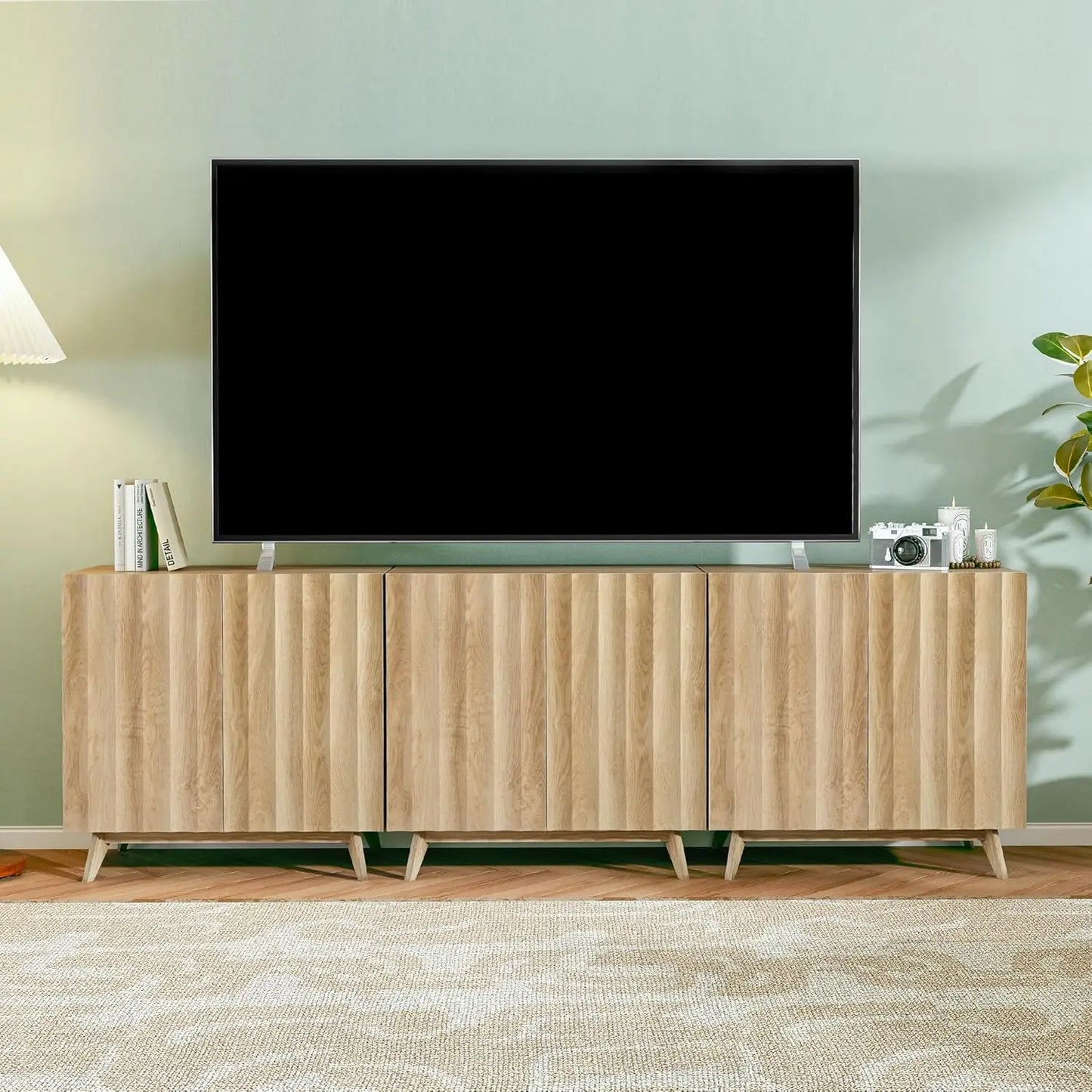 Fluted Mid Century Sideboard Buffet Cabinet With Adjustable Shelves