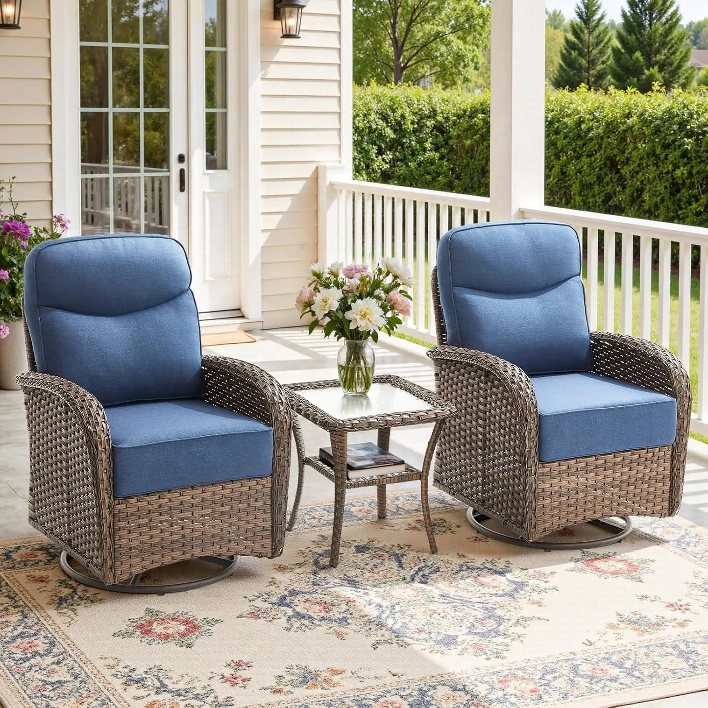 Three Piece Outdoor Patio Set With Cushions Swivel Rockers Table