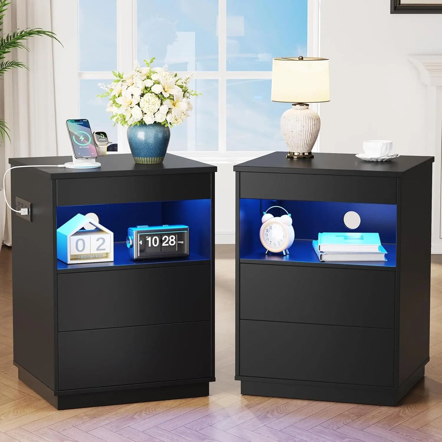 2Pc Nightstand Hidden Compartment USB Type-C Charging Locking Gun Drawer LED Modern Bedroom Office Brown Customized
