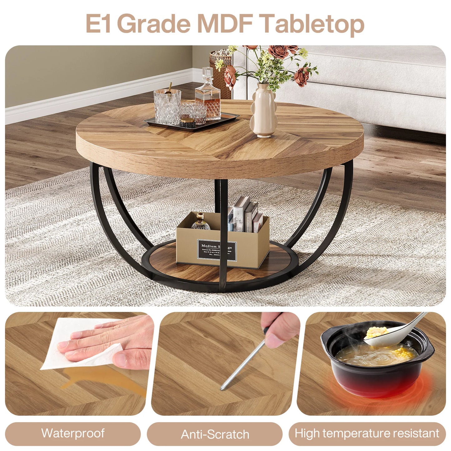 Tribesigns Industrial 2-Tier Coffee Table With Storage Shelves Wooden