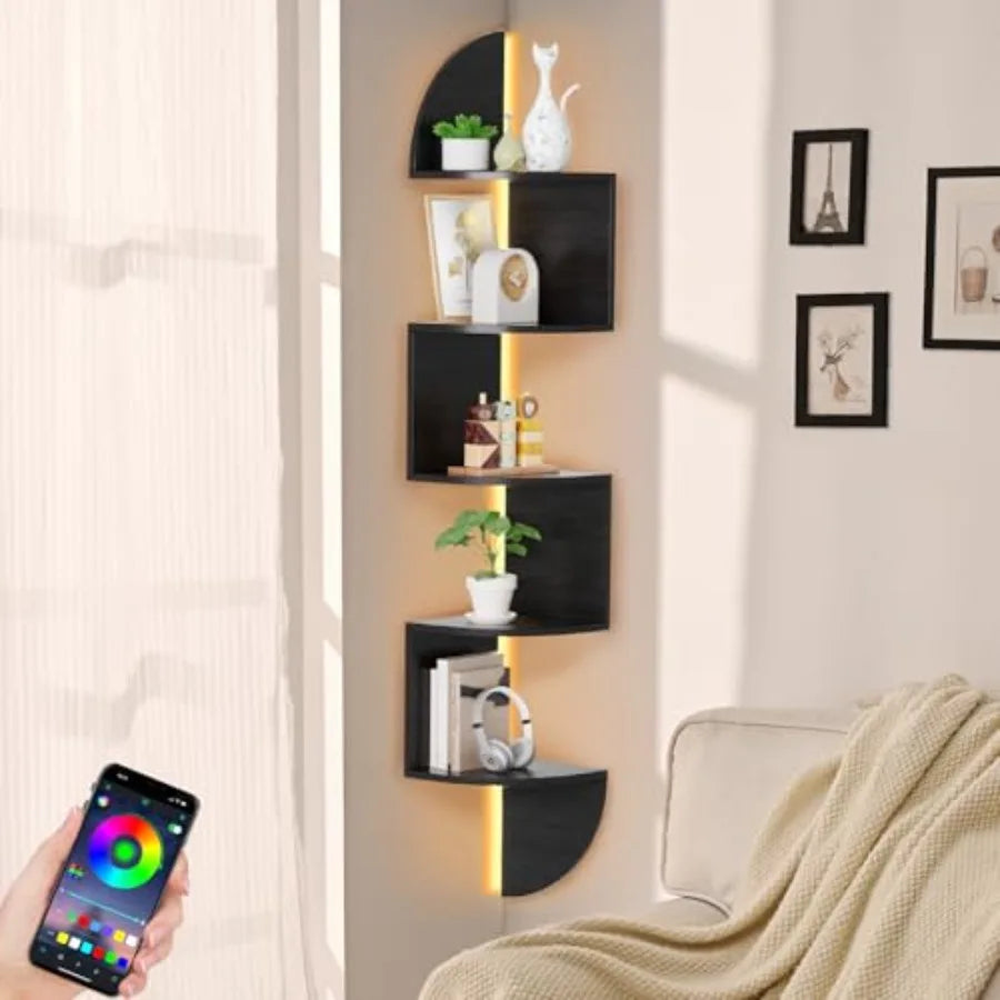 Corner Wall Shelf With LED Light 5 Tier Floating Shelves