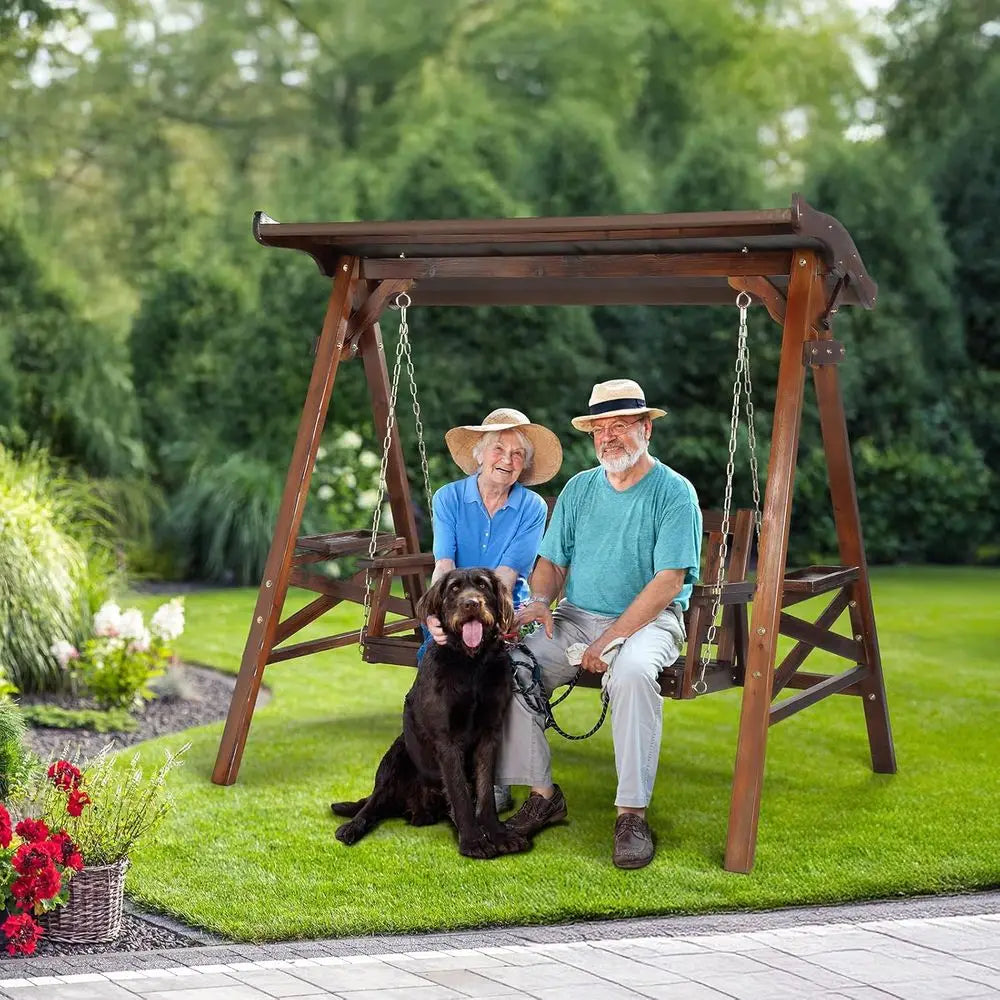 Rustic Wood Porch Swing Set With Stand And Cup Holder