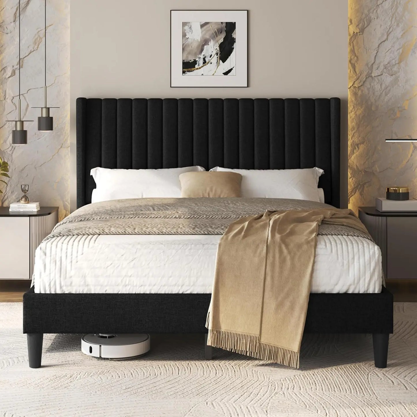 Upholstered Platform Bed Frame With Fabric Headboard Wood Non Slip