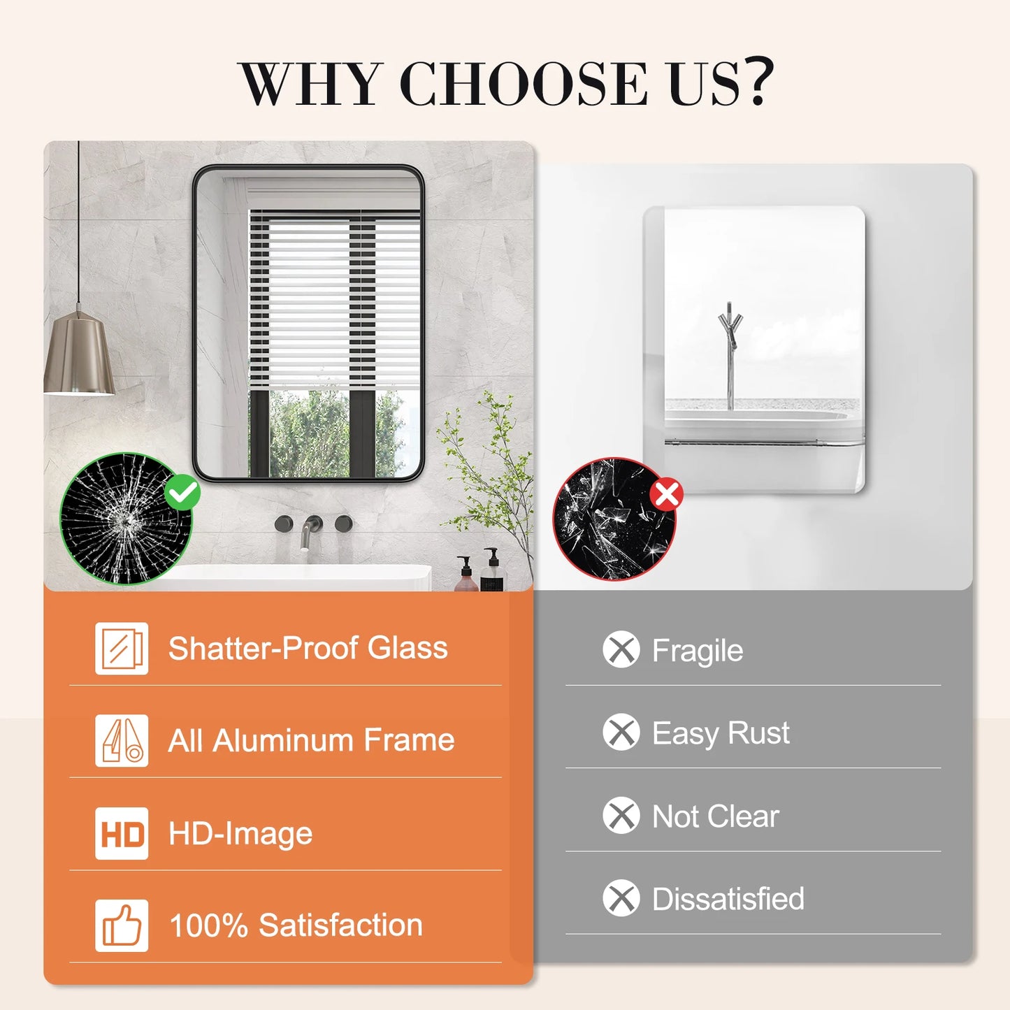 JHK 24x36 Inch Matte Metal Framed Bathroom Wall Mirror Vanity Rectangle Rounded Corner Tempered Glass Mirror Clear Reflection