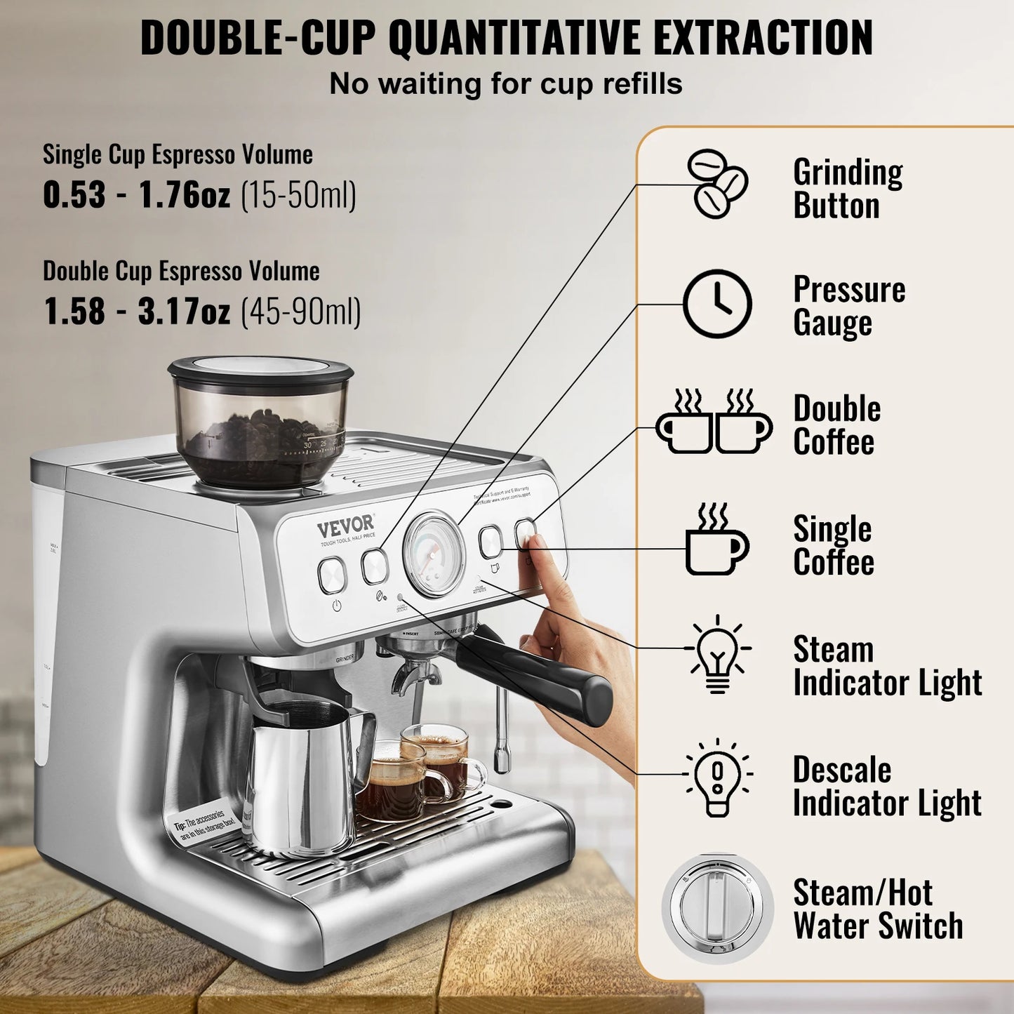 VEVOR Espresso Machine With Grinder 15 Bar Milk Frother