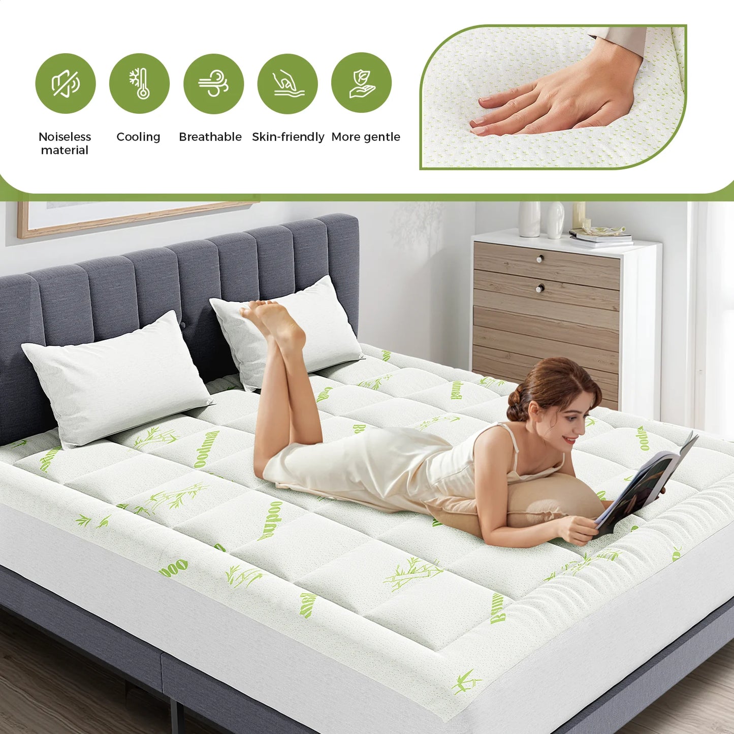 JHK Bamboo Fiber Mattress Topper With Deep Pockets Back Pain