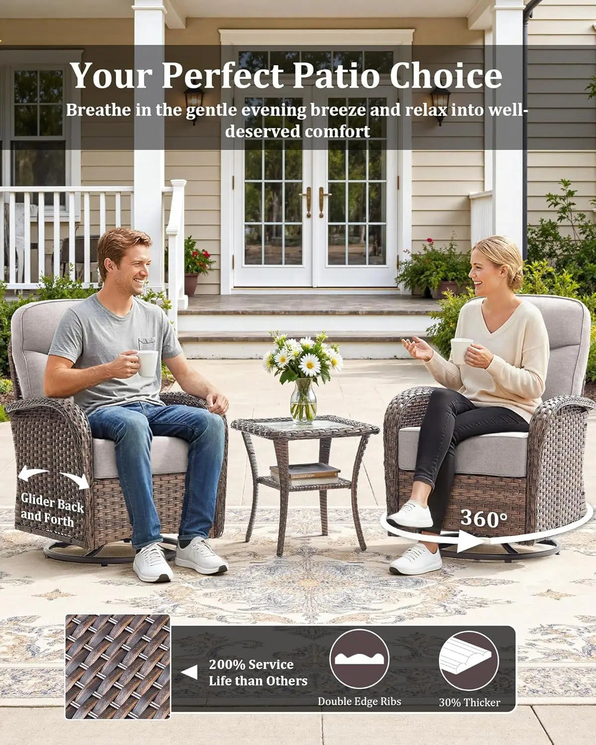 Three Piece Outdoor Patio Set With Cushions Swivel Rockers Table