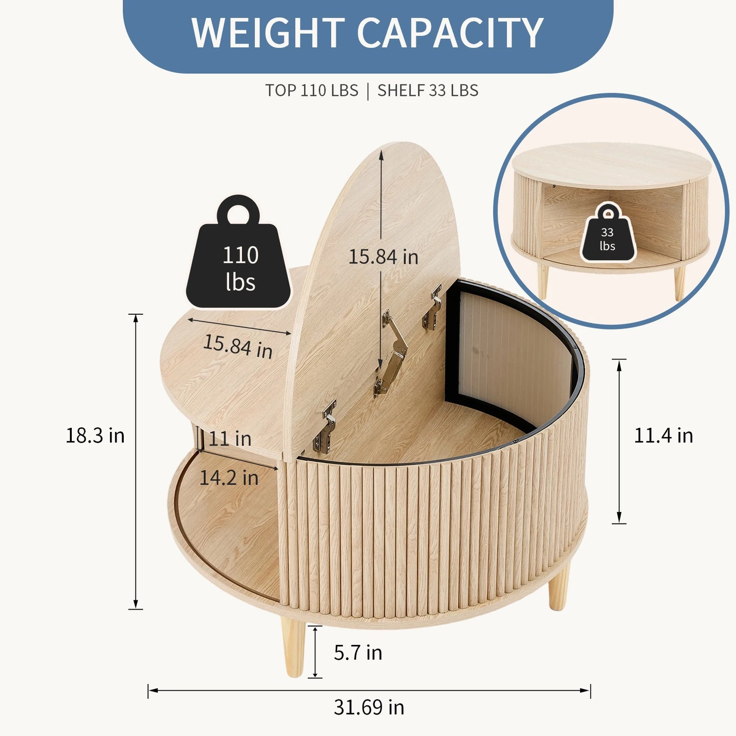 JHK 31IN Round Coffee Table with Flip-Top Storage Fluted Center Table 2-Tier Wood Desktop with Sliding Cabinet Door Living Room