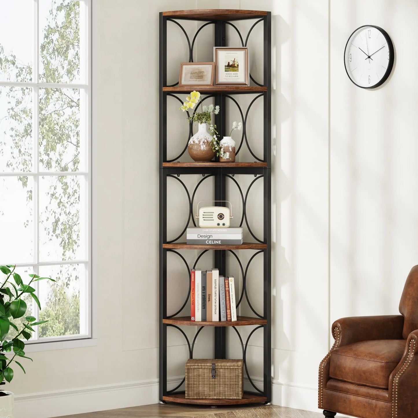 Tribesigns Six Shelf Corner Bookcase Rustic Storage