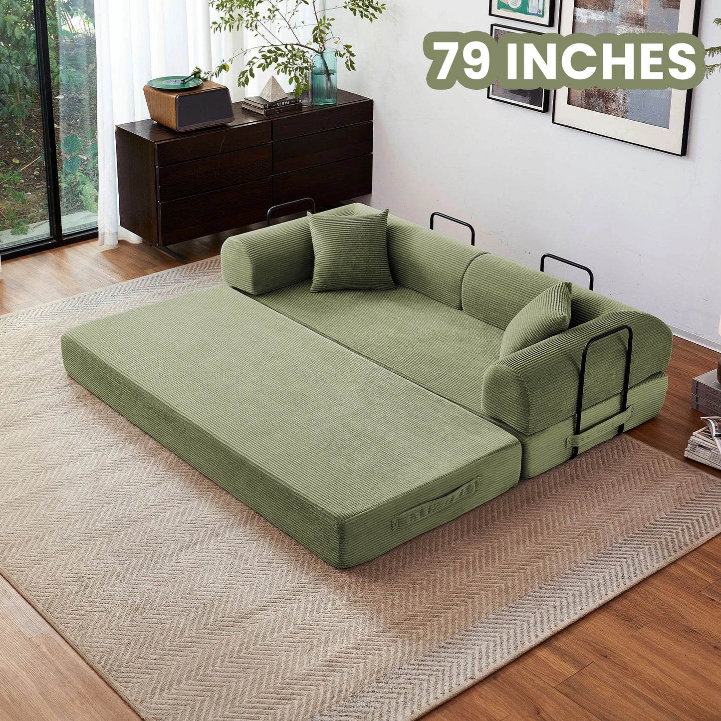 Foldable Convertible Futon Sofa Bed With L Shaped Armrests