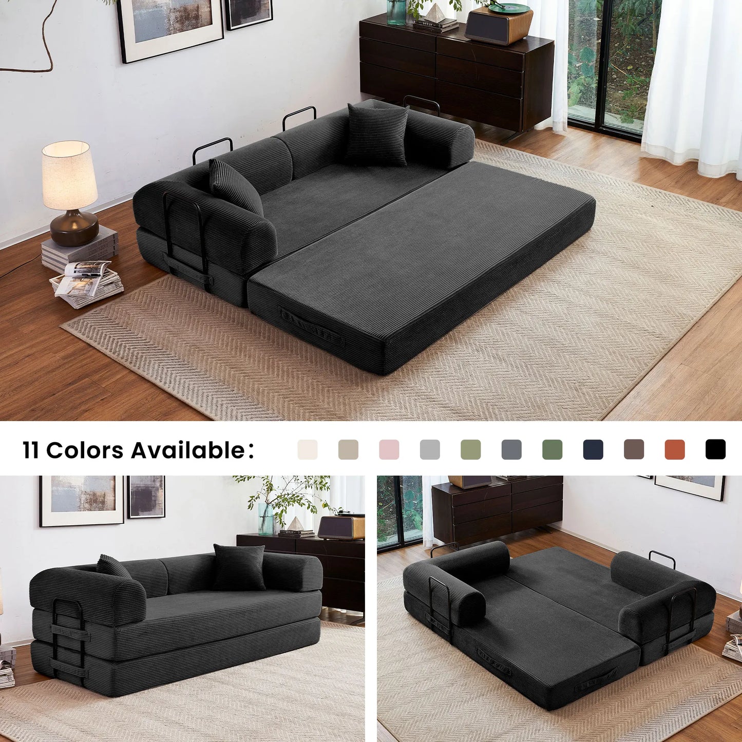 Foldable Convertible Futon Sofa Bed With L Shaped Armrests