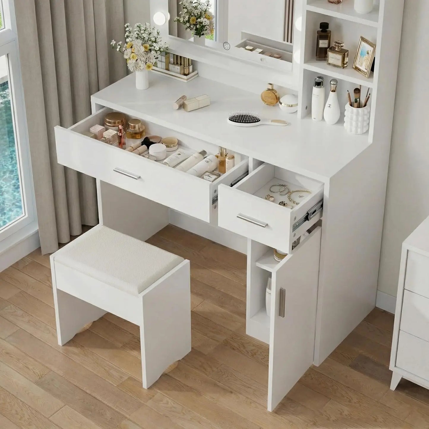 Modern Lighted Vanity Table With Mirror And 3 Drawers And Shelves