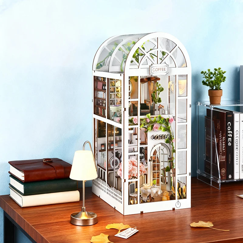 ASLOWSNAIL 3D Wooden Book Nook Kit Coffee Shop Dollhouse