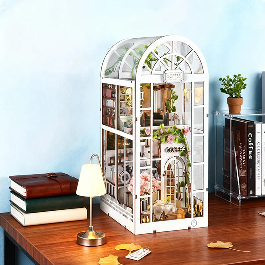 ASLOWSNAIL 3D Wooden Book Nook Kit Coffee Shop Dollhouse