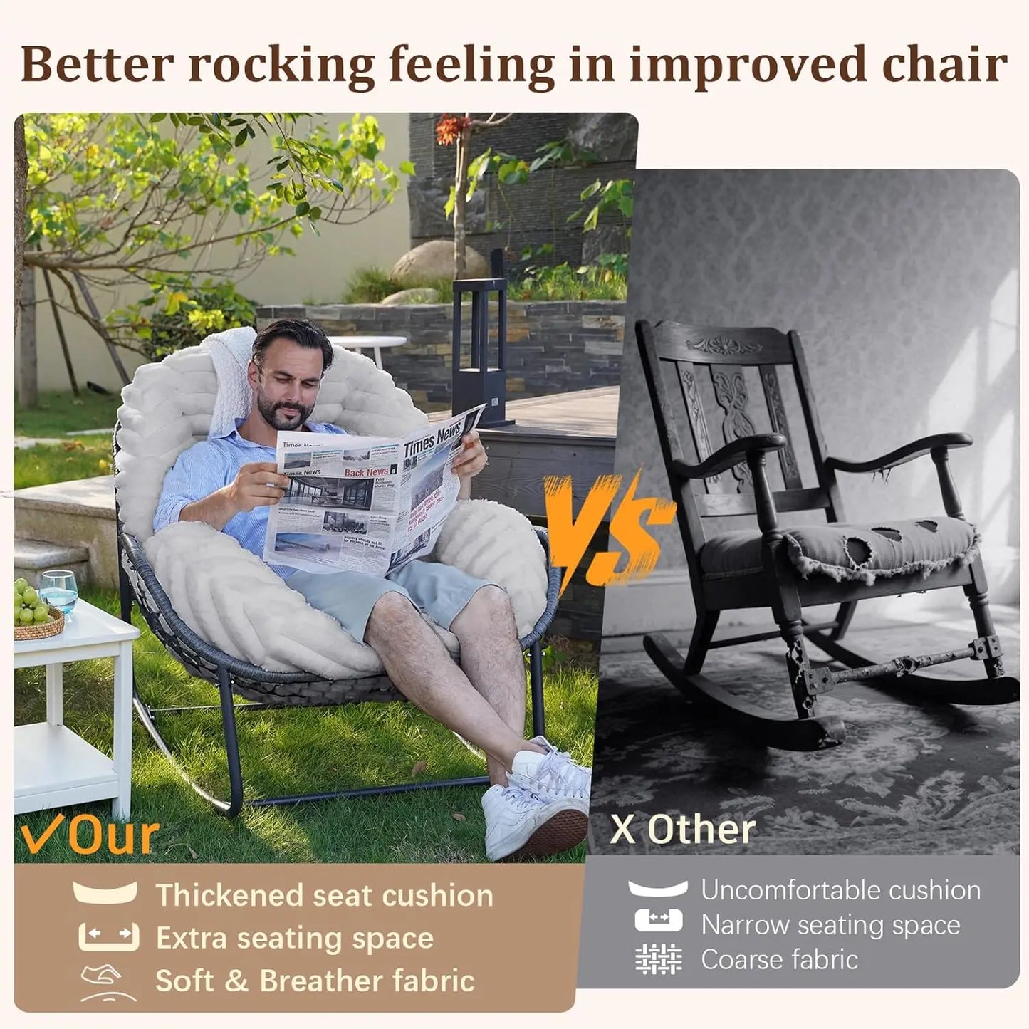Outdoor Rocking Chair With Padded Cushion And Wicker Frame