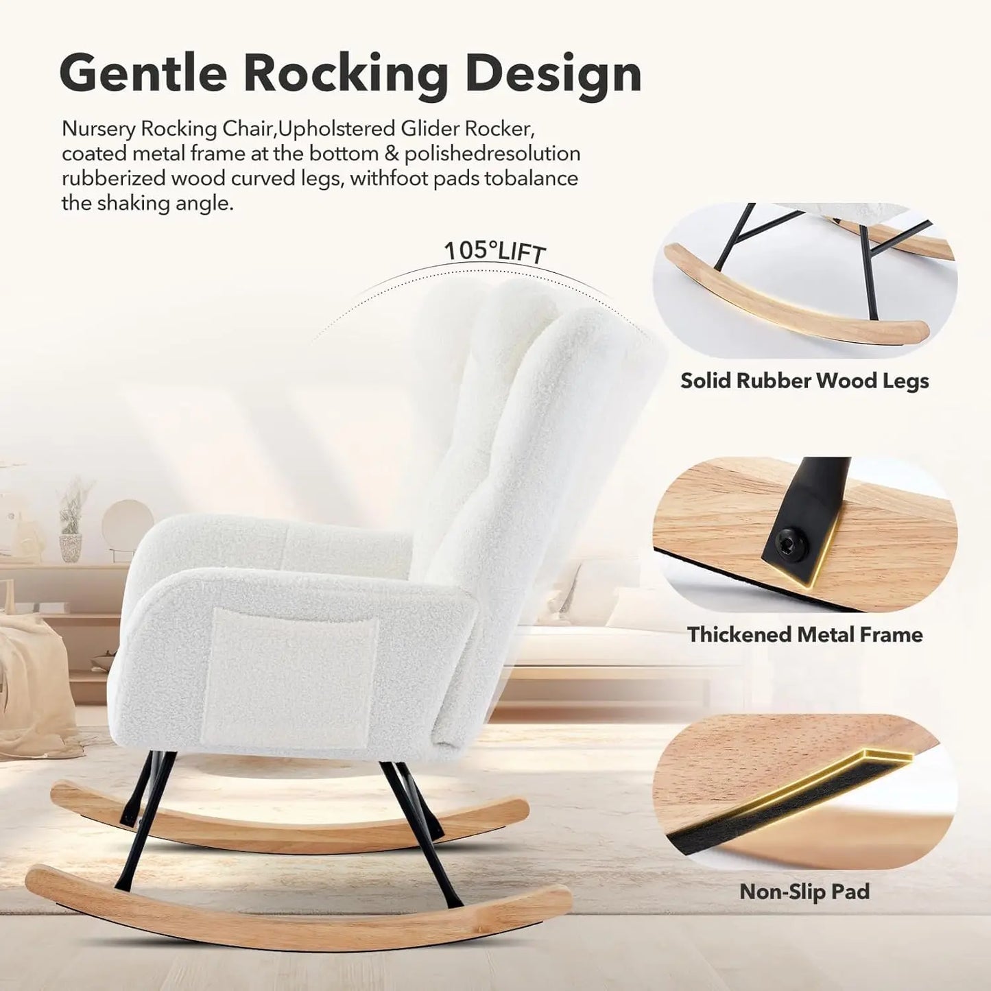 Studyset Modern Upholstered Nursery Rocking Chair High Back Side Pocket Boucle