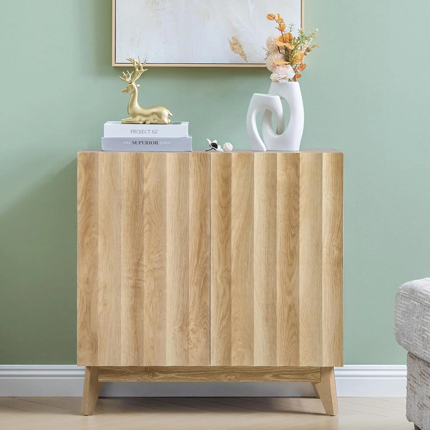 Fluted Mid Century Sideboard Buffet Cabinet With Adjustable Shelves
