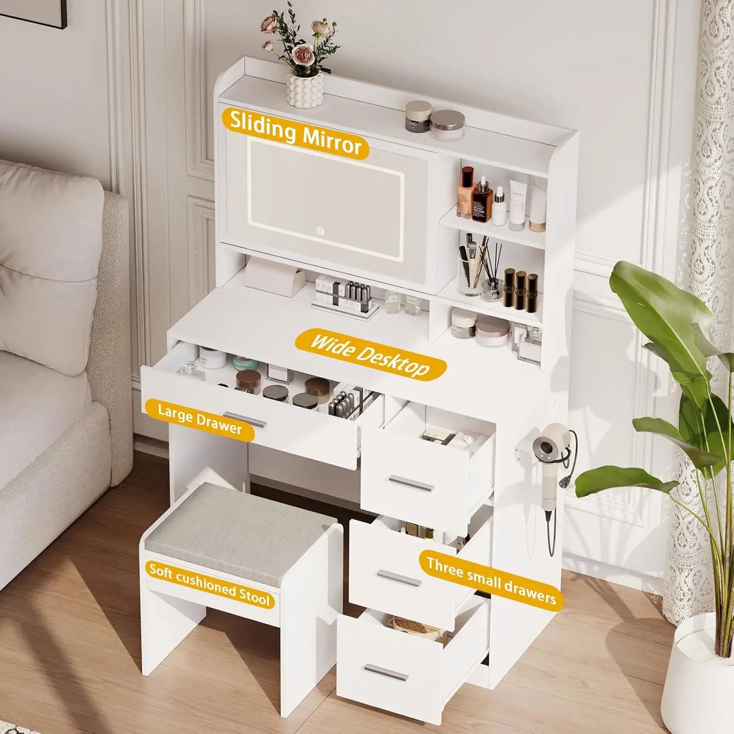 Vanity Desk With Mirror And Lights Chair And Three Lighting Modes Power Outlet