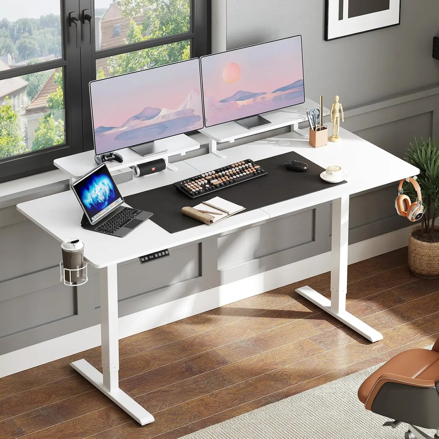 ONBRILL Standing Desk Electric Height Adjustable With Monitor Shelves