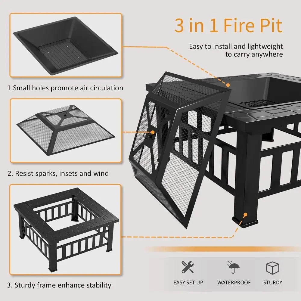 Square Metal Outdoor Fire Pit With Cover And Grate