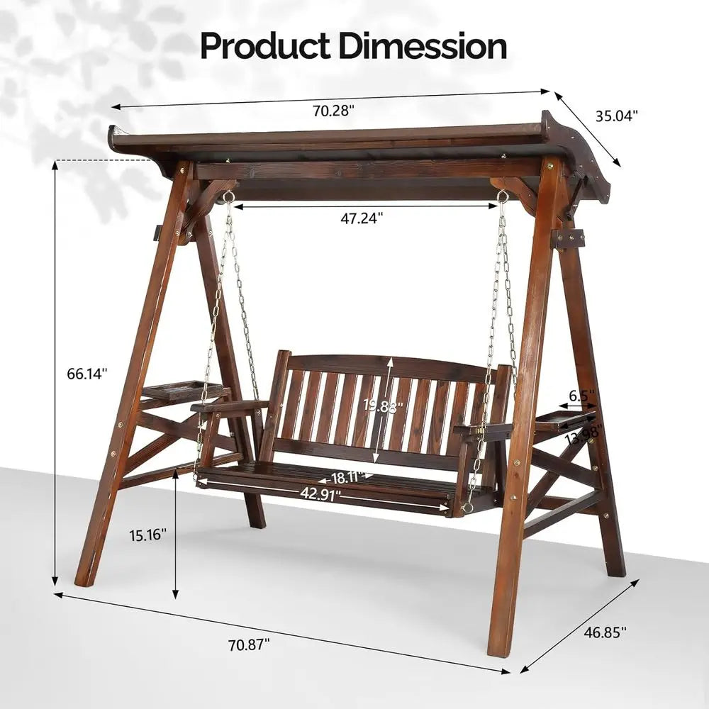 Rustic Wood Porch Swing Set With Stand And Cup Holder