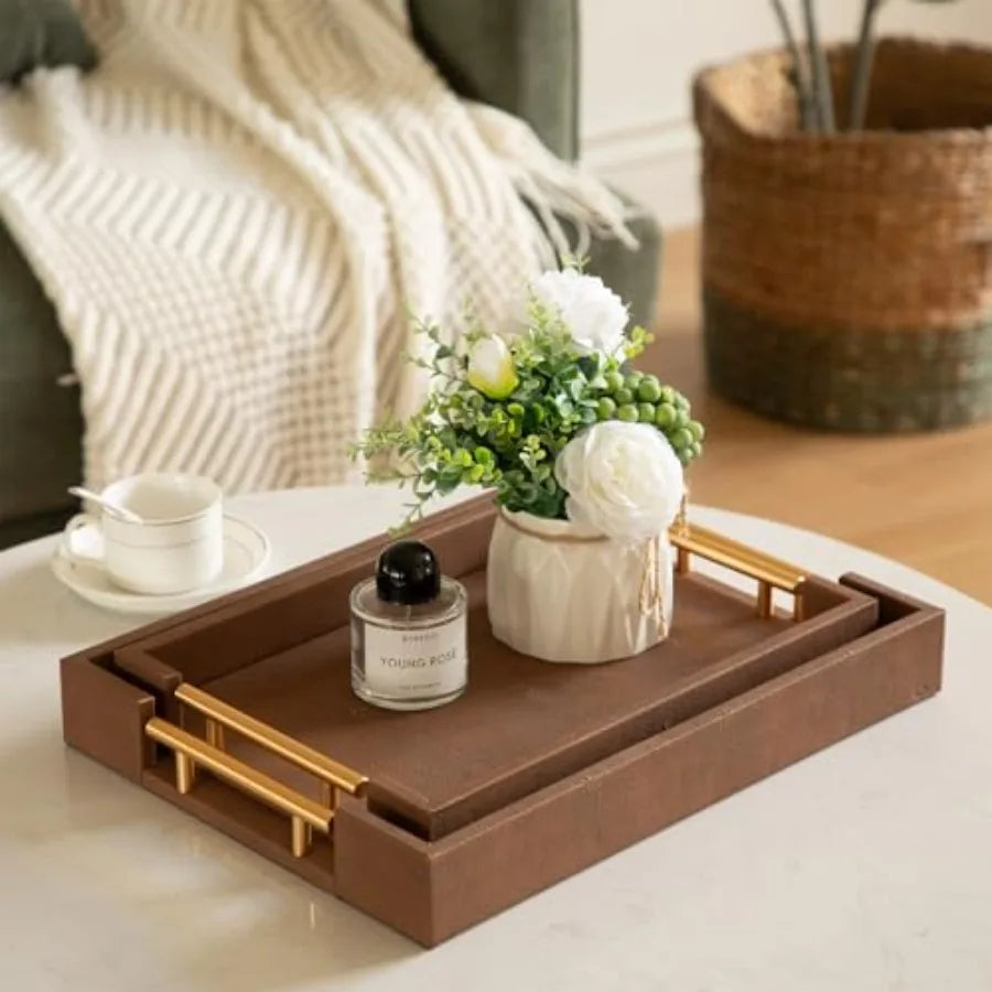 Decorative Leather Tray Set With Gold Handle For Ottoman Table