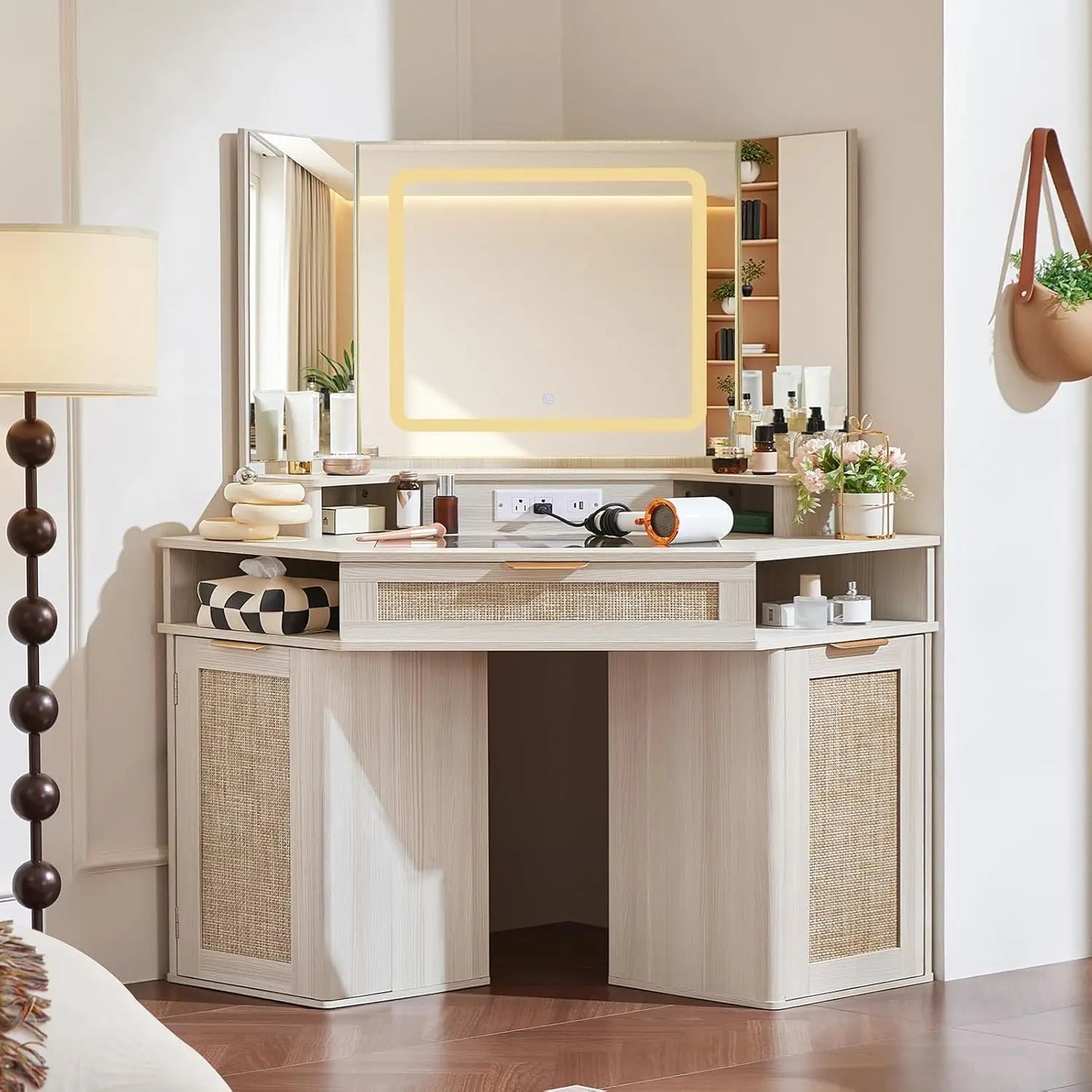 Boho Corner Vanity Desk With 3 Way Mirror Glass Lights