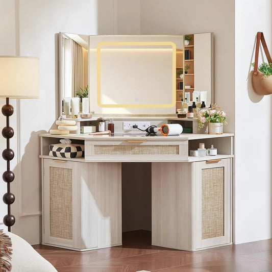 Boho Corner Vanity Desk With 3 Way Mirror Glass Lights